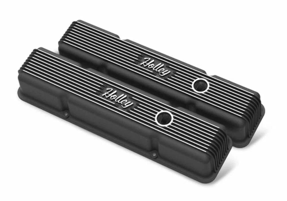SBC Vintage Series Finned Valve Covers - Satin Black Machined Finish -